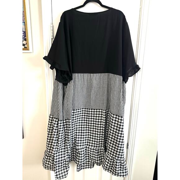 BLOOMCHIC Gingham Patchwork V Neck Pocket Ruffles Dress Black White - Sz 30 - Picture 5 of 7